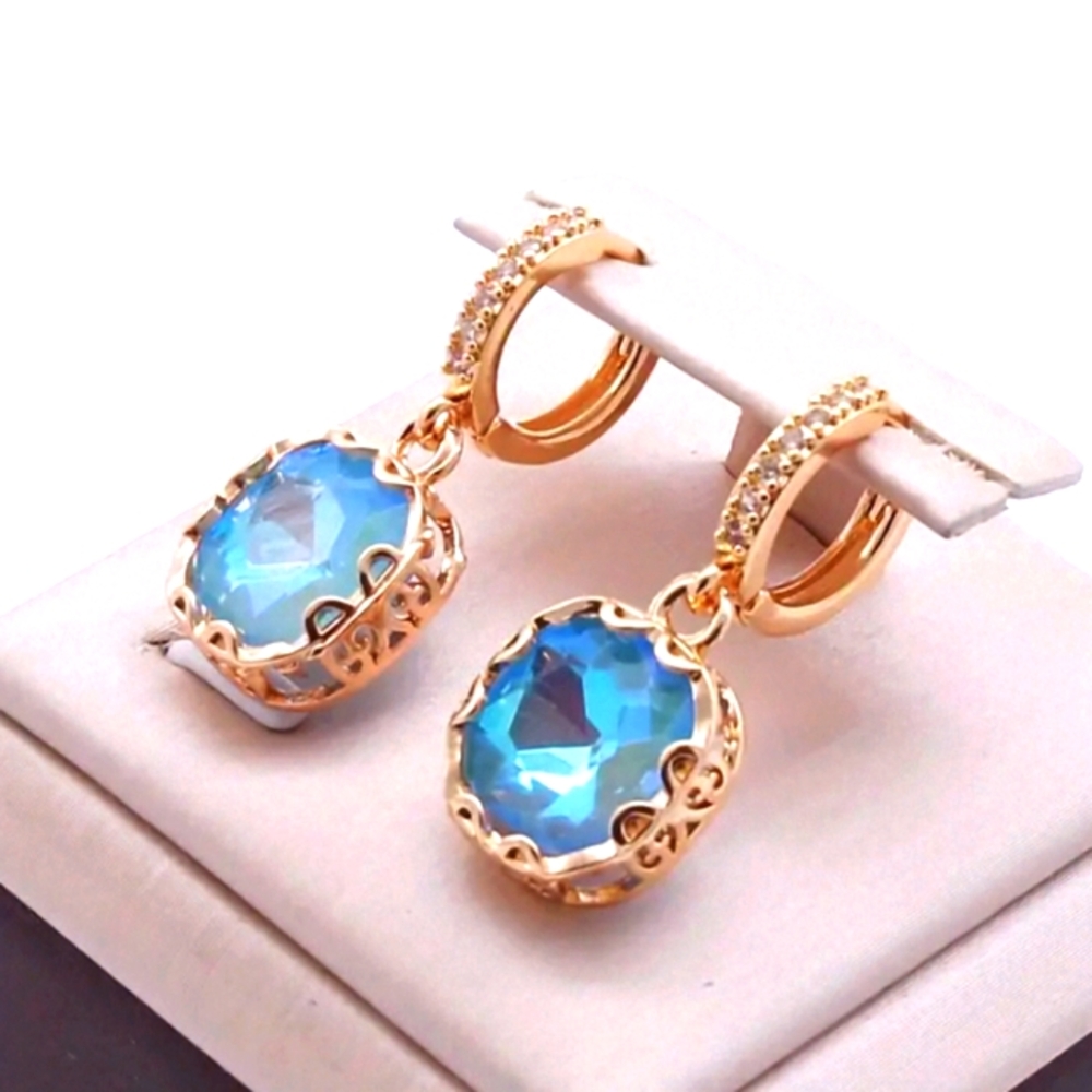 14k Gold-Plated Ocean Blue Crystal Dangle Earrings with copper